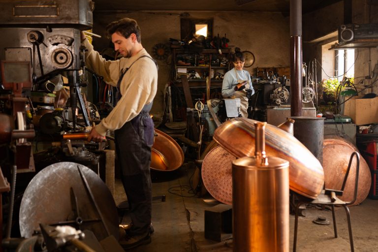 The small team of the manual workers, craftsmen,